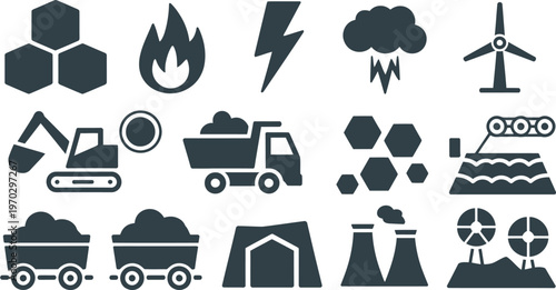 Gray coal mining industry icons featuring bucket wheel excavator, haul truck, mine carts, and power plant, vector illustration for energy infographics, fossil fuel logistics, and industrial design con