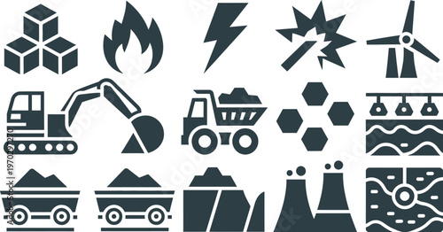 Gray coal mining industry icons featuring bucket wheel excavator, haul truck, mine carts, and power plant, vector illustration for energy infographics, fossil fuel logistics, and industrial design con