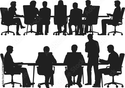 Black silhouette of diverse business people sitting around conference tables for office meeting and professional corporate presentation group isolated on white background illustration.