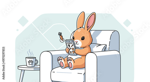 Cartoon rabbit sitting on a couch with a mug and remote control in a cozy living room setting with pastel colors.