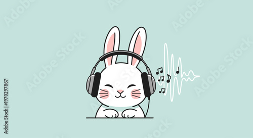 Illustration of a white cartoon bunny wearing black headphones with closed eyes and a peaceful expression on a light green background with musical notes and sound waves.
