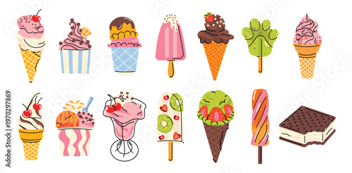 Ice cream set. Cute and colorful collection of different ice cream desserts: popsicles, gelato in cups, waffle cones, fruit ice lollies. Sweet summer illustrations, perfect for kids, packaging.