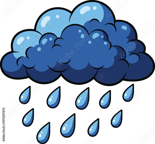 Dark blue rain cloud with falling raindrops cartoon style on transparent background weather symbol.