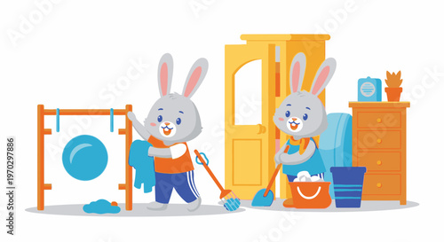 Two cartoon rabbits cleaning a room with colorful cleaning tools and supplies on a white background with a playful mood.