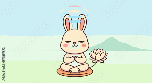 A serene cartoon rabbit meditating with a lotus flower in a peaceful outdoor setting with a mountainous background and soft pastel colors.