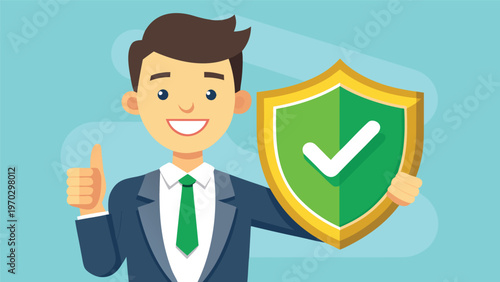 A smiling businessman in a suit giving a thumbs-up and holding a shield with a checkmark, symbolizing security, protection, and trustworthiness