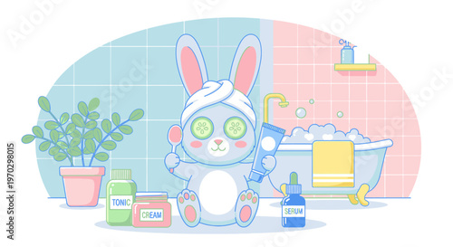 A cartoon bunny in a bathrobe and towel on its head sits with cucumber slices on eyes in a pastel-colored bathroom with a bathtub and toiletries.