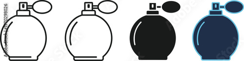 Perfume bottle icons in different styles including outline and flat versions for beauty shop design.