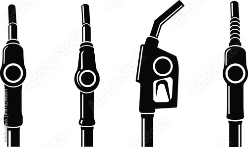 Set of gasoline pump nozzle icons in black flat style for industrial gas station equipment design.