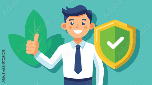 A smiling businessman in a suit giving a thumbs-up and holding a shield with a checkmark, symbolizing security, protection, and trustworthiness