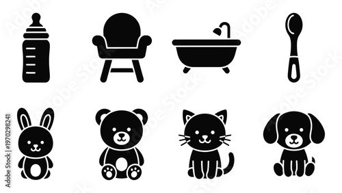 A collection of black silhouette icons depicting baby essentials including toys furniture and animal companions high quality professional detailed modern elegant