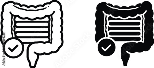 Healthy digestive system with checkmark symbol for colon health awareness and medical screening icon.