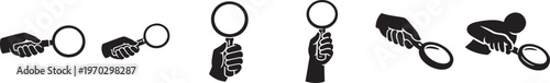 Hand holding magnifying glass icon, search and inspection concept, vector EPS for UI design