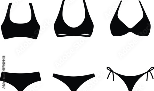 Black silhouettes of three different women's bikini swimwear outfits featuring various top and bottom styles isolated on white background for summer beach fashion concepts.