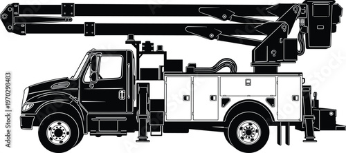 Bucket truck aerial lift vehicle illustration, utility service truck with hydraulic boom for maintenance construction equipment vector isolated design