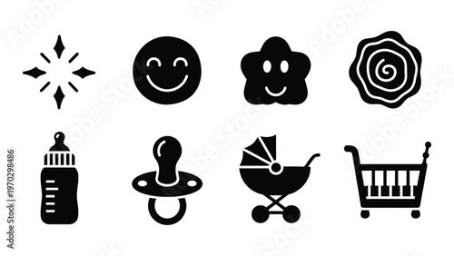 A collection of simple black silhouette icons depicting celestial bodies smiling faces flowers and baby related items high quality professional detailed
