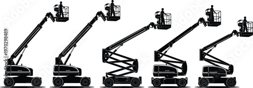 Boom lift with workers silhouettes set, aerial work platforms construction equipment hydraulic access machines elevated maintenance vector illustration collection