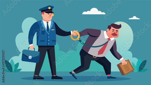 Business concept of control and authority: A police officer winds up a businessman like a toy, symbolizing control, authority, and manipulation in a corporate environment