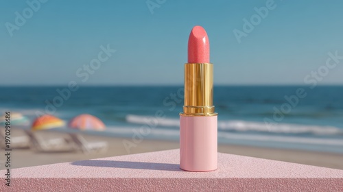 High Gloss Lipstick on Pastel Pink Podium Against Beach Background.