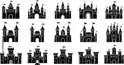 castle, silhouettes, medieval, fortress, architecture, towers, kingdom, stronghold, vector, illustration, black, isolated, design, set, historic, fantasy, buildings, icons, collection, defense