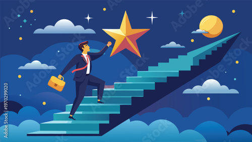 Reaching for success: A businessman climbs stairs towards a shining star, representing ambition, goals, and the journey to achieve aspirations in a dynamic night sky