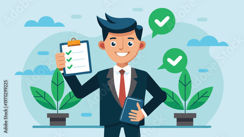Efficient project management and task completion: A businessman with a clipboard and thumbs-up, surrounded by checkmarks, signifies successful task management and project completion