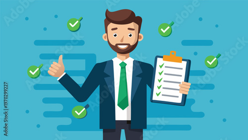Efficient project management and task completion: A businessman with a clipboard and thumbs-up, surrounded by checkmarks, signifies successful task management and project completion