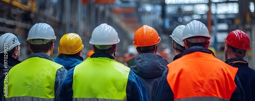 Group of construction workers observing their workspace, showcasing teamwork and safety measures in an industrial setting.
