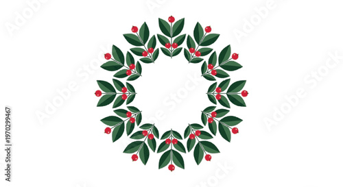 A circular decorative wreath with green leaves and red berries, perfect for festive and seasonal designs
