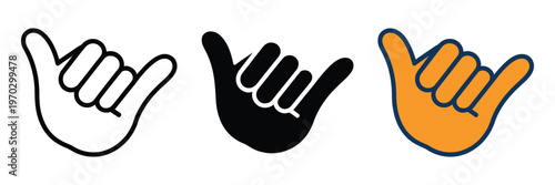 Set of three shaka hand gestures in outline, silhouette, and color style, vector illustration representing aloha