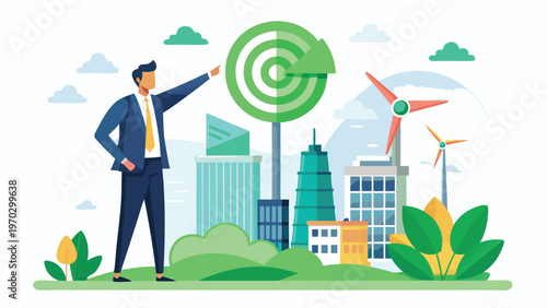 Sustainable business practices and green energy: A businessman points to a green target with a recycling symbol, representing commitment to sustainability and renewable energy in a cityscape