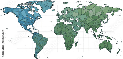 Detailed polygonal world map illustration presenting complex global data visualization with a dynamic color gradient, perfect for analytical reports and international business insights