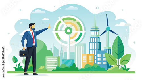 Sustainable business practices and green energy: A businessman points to a green target with a recycling symbol, representing commitment to sustainability and renewable energy in a cityscape