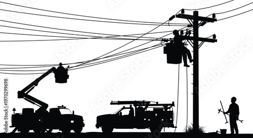 Electric utility workers repairing power lines silhouettes, bucket truck maintenance service on utility pole with cables infrastructure vector illustration