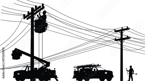 Electrical linemen repairing power lines silhouettes, utility workers with bucket truck servicing cables on poles infrastructure maintenance vector illustration