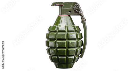 Green hand grenade separately isolated PNG, military explosive weapon for combat and war games on transparent background