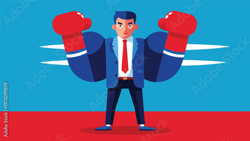 Business strength and resilience: A businessman with boxing gloves flexes his powerful, muscular arms, symbolizing strength, determination, and readiness to face business challenges