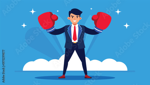 Business strength and resilience: A businessman with boxing gloves flexes his powerful, muscular arms, symbolizing strength, determination, and readiness to face business challenges
