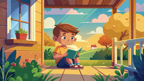 A young boy sits on a wooden porch, engrossed in reading a book, with a warm sunset painting the sky in the background