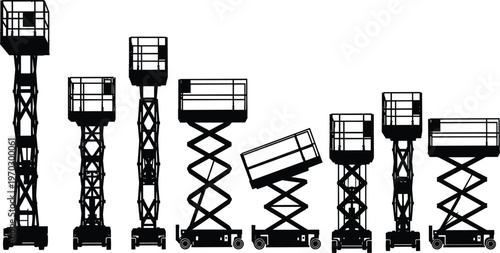 Scissor lift platforms silhouettes set, hydraulic elevated work platforms construction equipment mobile lifting machines vector illustration isolated collection design