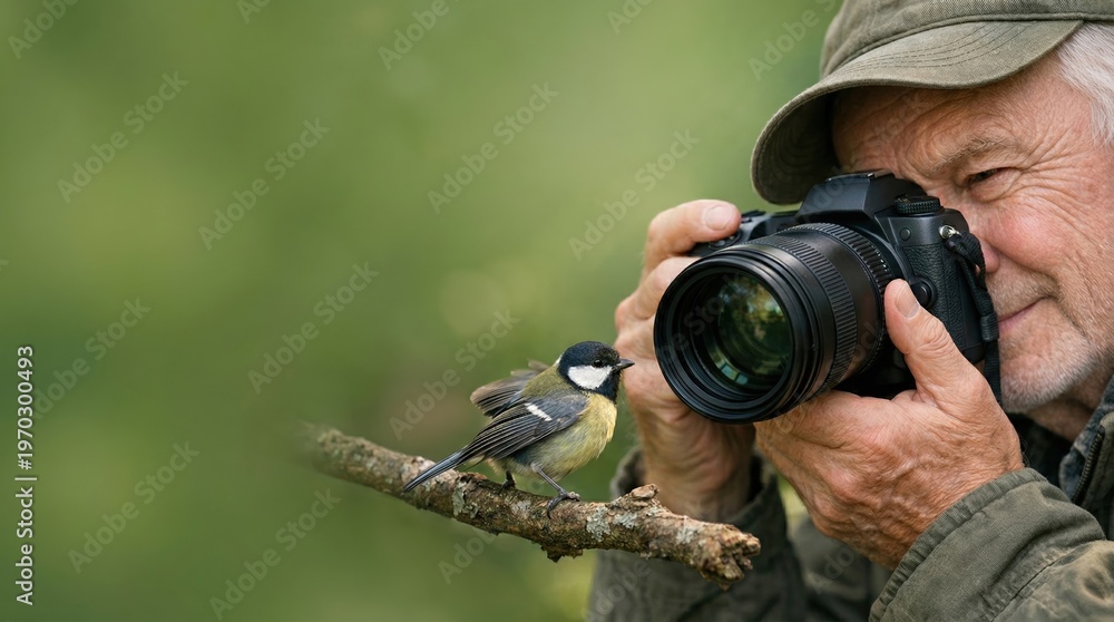 Fototapeta premium Senior man photographing bird outdoors showing active hobby and digital engagement in nature observation lifestyle