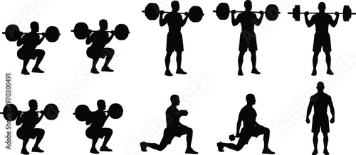 Weightlifting workout silhouettes set, barbell squat and lunge exercises fitness training strength bodybuilding athlete poses vector illustration collection