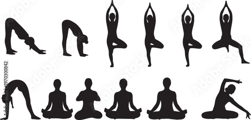 Yoga poses silhouettes collection set on transparent background