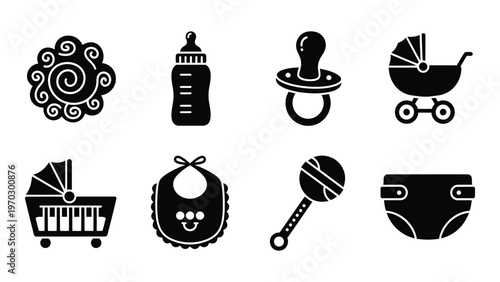A collection of black silhouette icons depicting essential baby items like bottles pacifiers and strollers high quality professional detailed modern elegant