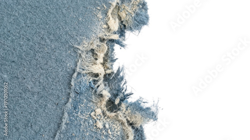 Torn Texture: A close-up view reveals a textured material with a ripped edge, exhibiting raw details of the damaged fabric.