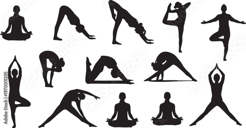 Set of female silhouettes performing twelve different yoga poses