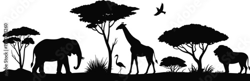 Black silhouette of African animals including elephant giraffe and lion in a savanna landscape with acacia trees isolated for wildlife and nature conservation concept illustration.