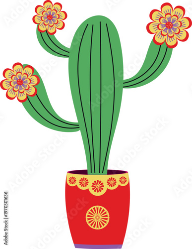 Mexican cactus with blooming flowers in a pot. Isolated vector illustration on a transparent background.