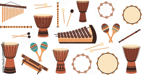 Percussion Instruments Collection Vector Illustration with Drums, Maracas, Tambourines, and Xylophones for Music, Rhythm, and Sound Designs