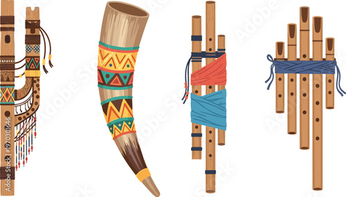 Traditional Wind Instruments Vector Illustration with Flutes, Horns, and Wooden Pipes for Cultural, Musical, and Ethnic Designs